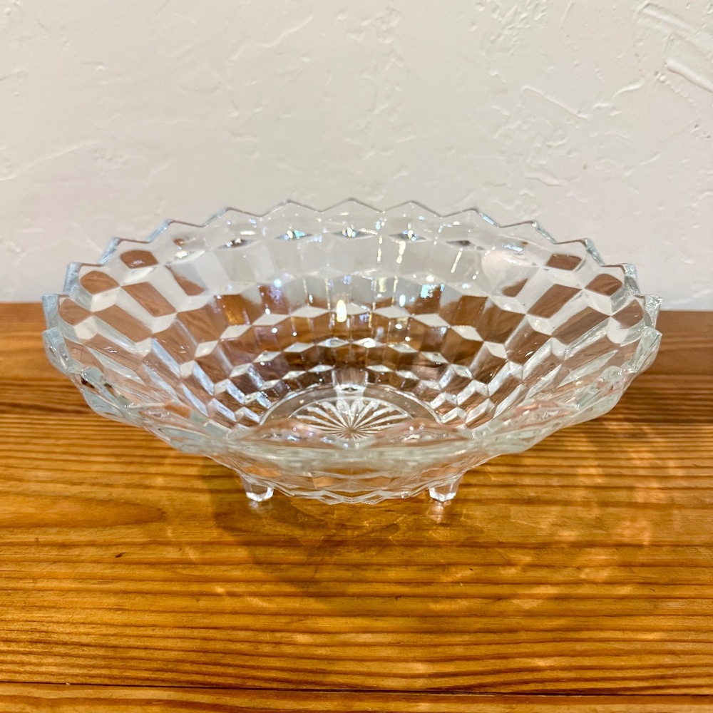Indiana Glass Whitehall Clear Footed Bowl 10” Diamond Point Scalloped Rim